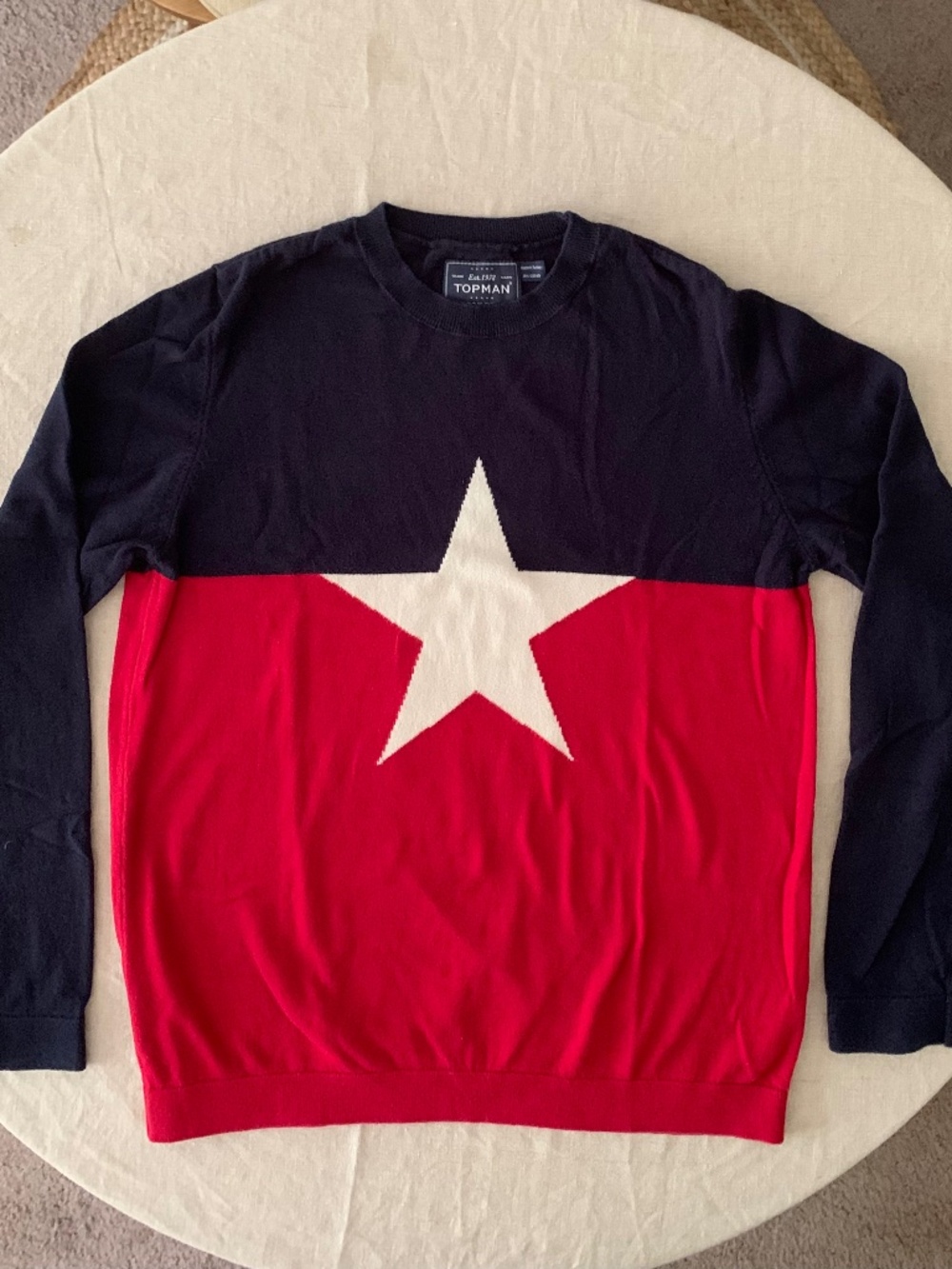 TOPMAN Mens Colorblock Star Intarsia Crewneck Sweater Red Navy White M